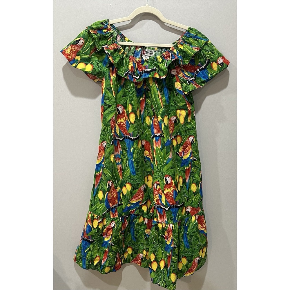 Hilo Hattie Vintage Hawaiian Parrot Vacation Tropical‎ Ruffle  Maxi Women Large